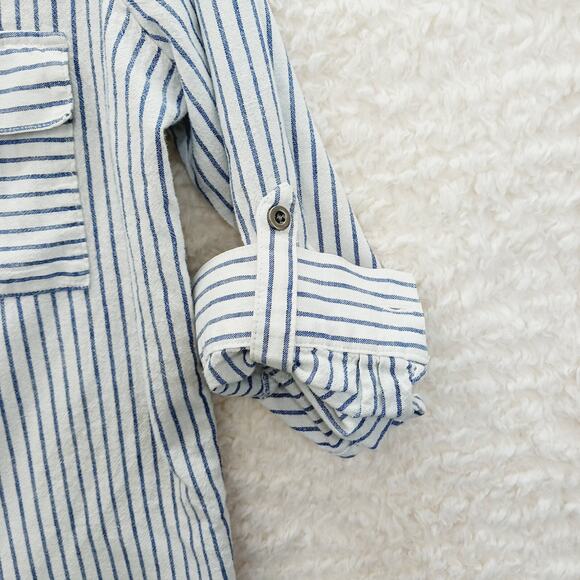 Blouse Size S Navy Linen Button-Up Stripe Preppy Coastal Classic Academia Cruise - Picture 8 of 16